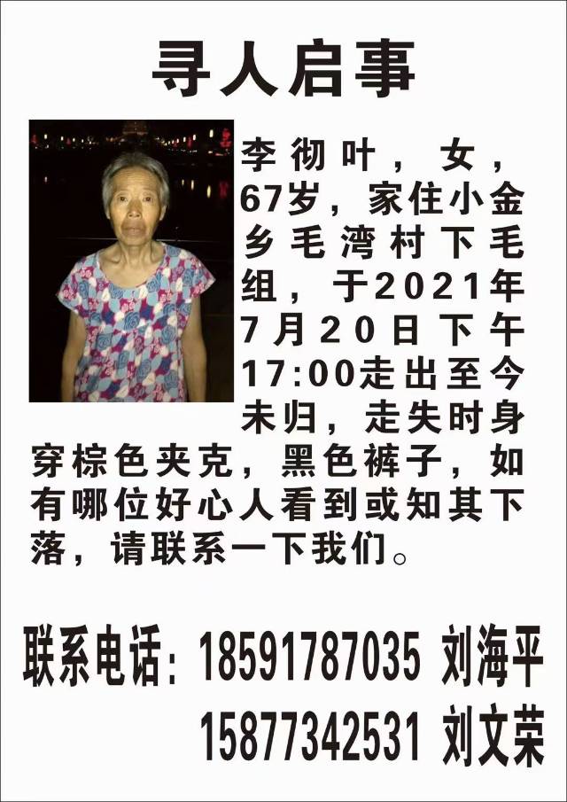 20号下午五点走失至今未归希望好心人互相转发一下。 - 李彻叶